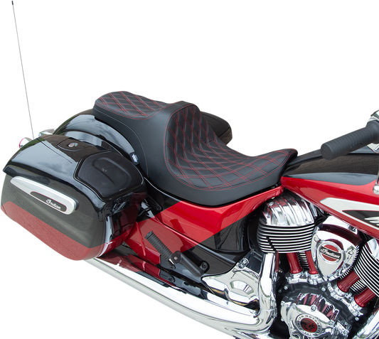 Drag Specialties Predator III motorcycle seat for Indian bikes, red stitching, forward positioning, double diamond design, part #0810-2272