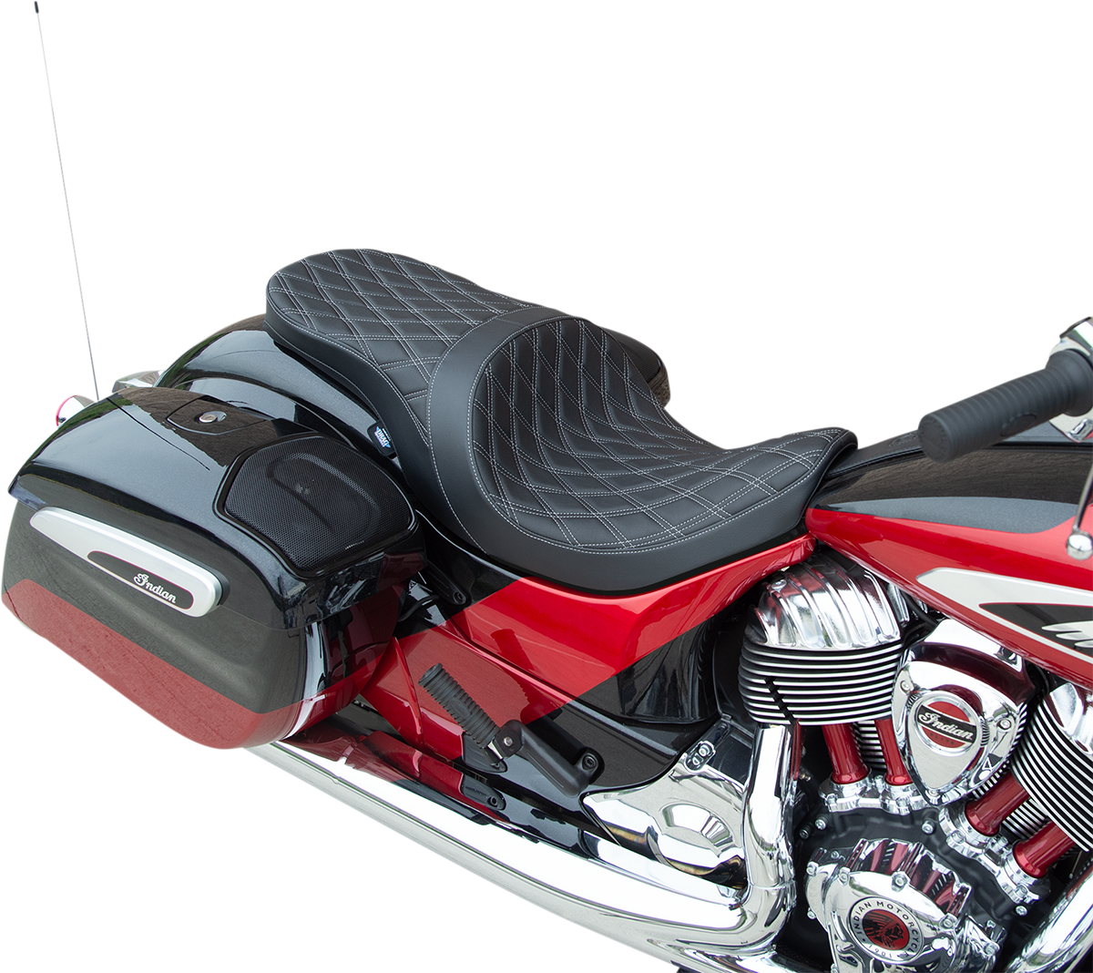 Drag Specialties low profile touring seat with double diamond silver stitching for Indian motorcycles 2014-2022, front view.