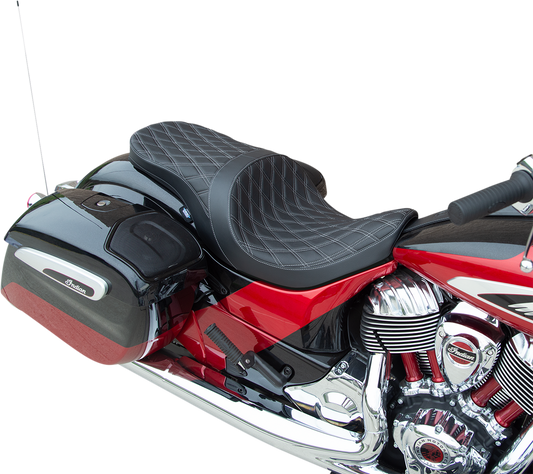 Drag Specialties low profile touring seat with double diamond silver stitching for Indian motorcycles 2014-2022, front view.