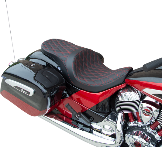 Low profile touring seat by Drag Specialties with double diamond stitching and red accents for Indian motorcycles 2014-2022.