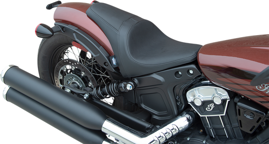 Black Drag Specialties 3/4 solo seat for 2018-2022 Scout Bobber with smooth finish, shown from a side angle.
