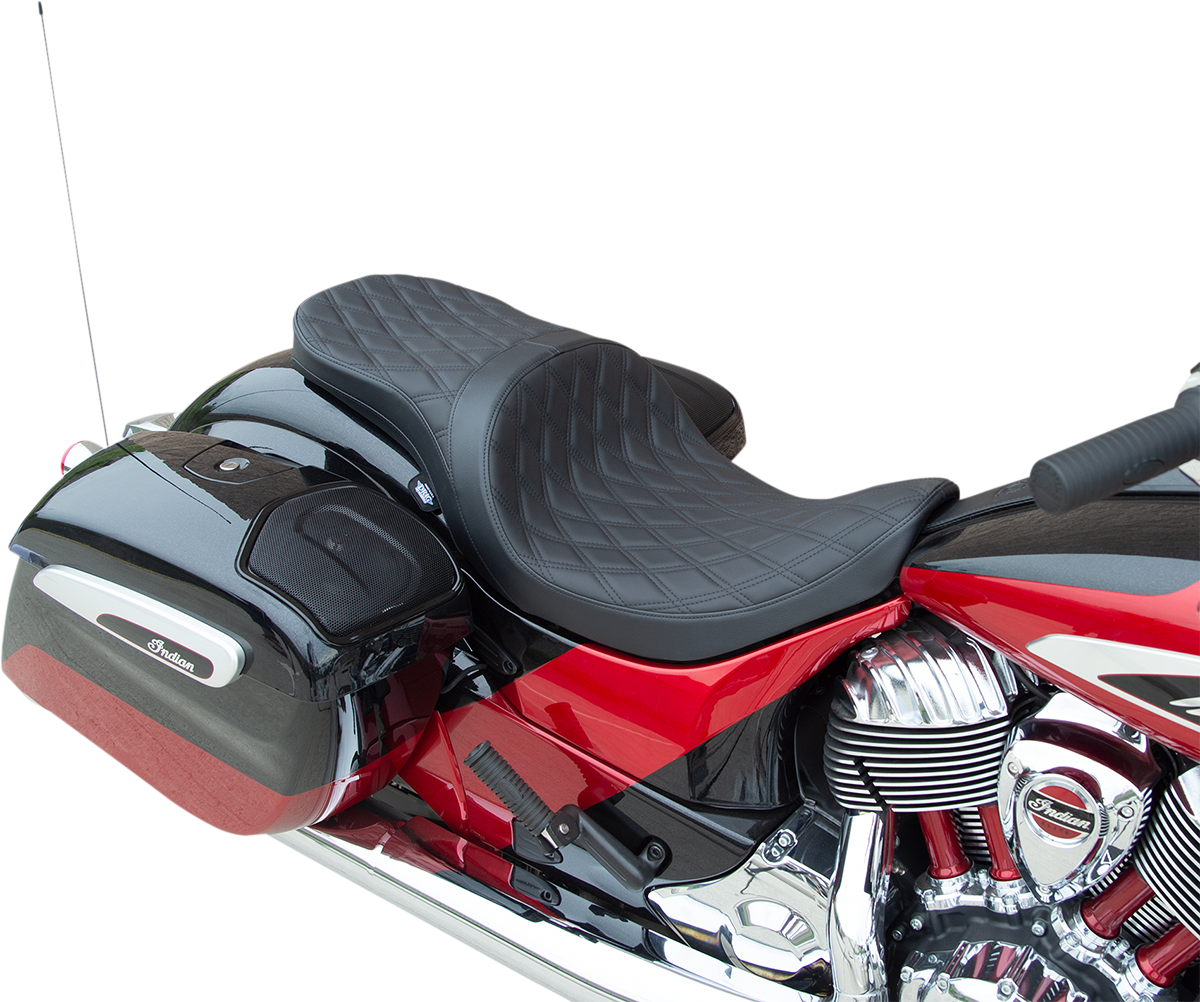 Drag Specialties low profile touring seat with double diamond stitching for Indian motorcycles, black stitching visible on the seat surface.