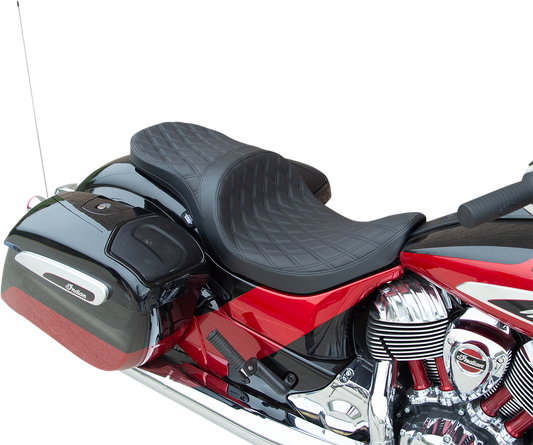 Drag Specialties low profile touring seat with double diamond stitching for Indian motorcycles, black stitching visible on the seat surface.