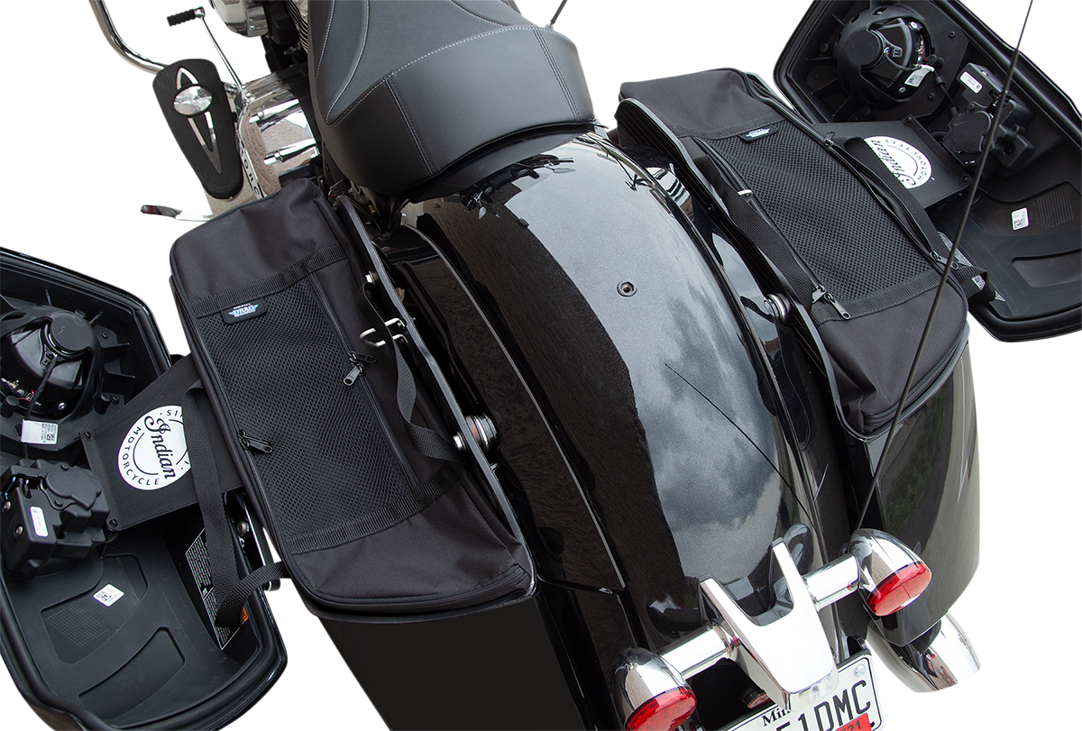 Indian saddlebag liners for hard saddlebags by Drag Specialties Seats, part 3501-1646, shown in black with detailed stitching.