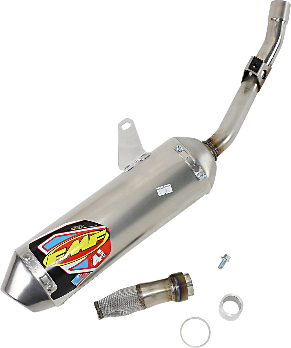 FMF Factory 4.1 Titanium Muffler for motorcycle, showcasing sleek exhaust design and branding on the performance exhaust system.