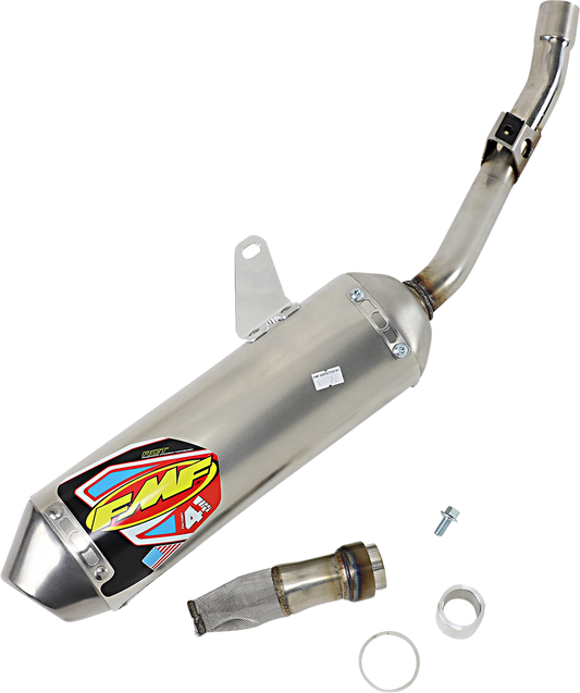 FMF Factory 4.1 Titanium Muffler for motorcycle, showcasing sleek exhaust design and branding on the performance exhaust system.