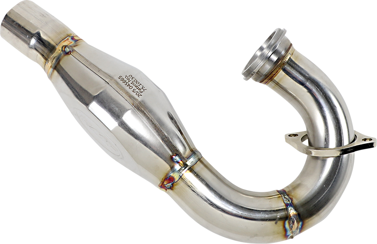FMF MegaBomb stainless steel header for single-sided exhaust systems, showcasing the durable, polished metal design.