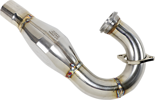 FMF MegaBomb stainless steel header for single-sided exhaust systems, showcasing the durable, polished metal design.