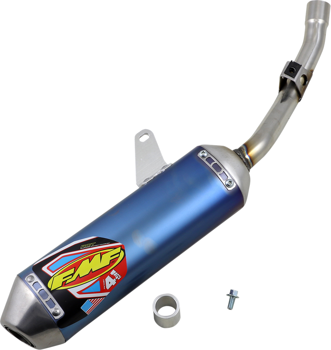 FMF Factory 4.1 Titanium Muffler with chamber core technology, lightweight performance exhaust system for motorcycles.