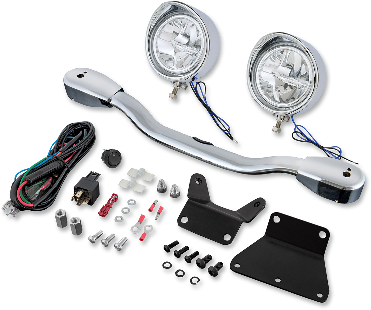 Bill's Exhausts SHOW CHROME LED Driving Light Kit for V-Star 950 engine, featuring chrome finish and bright LED lights.