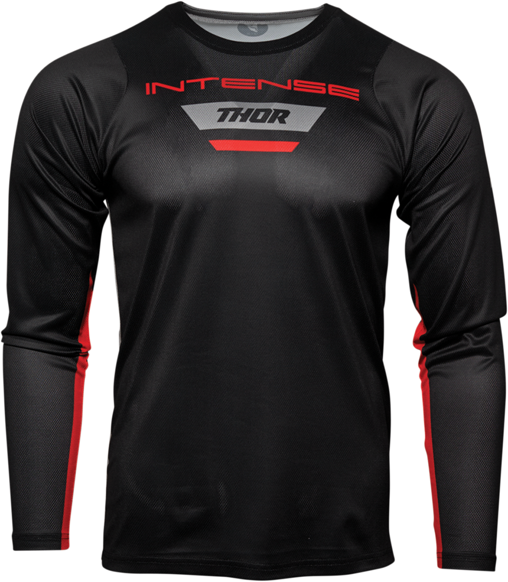 Black and Heather Gray THOR MTB long-sleeve jersey in size large, featuring breathable fabric and athletic fit for mountain biking.