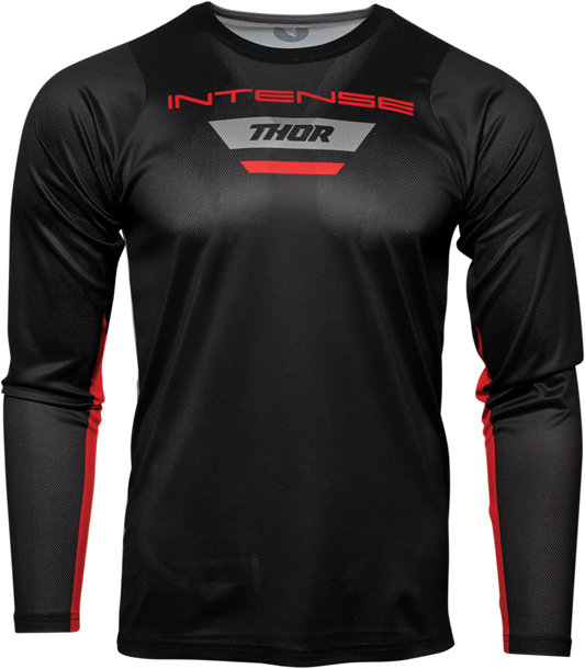 Black and Heather Gray THOR MTB long-sleeve jersey in size large, featuring breathable fabric and athletic fit for mountain biking.