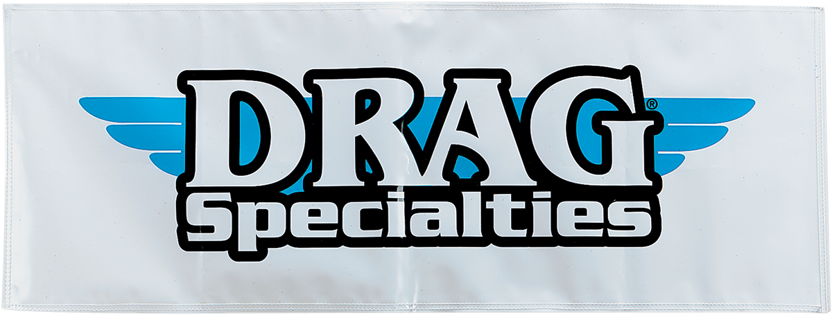 Drag Specialties 2.5x8 foot banner with two-color plastic exterior and eyelets for outdoor display and advertising.