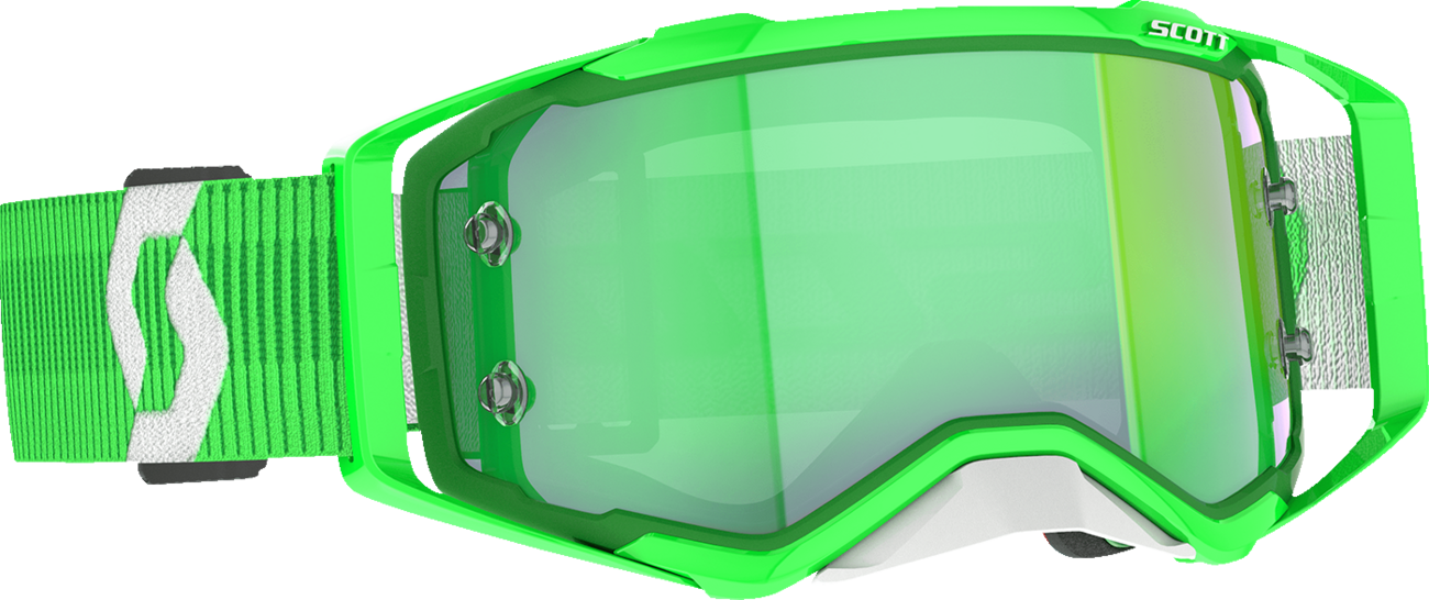 Scott Prospect motocross goggles with green and white frame and green chrome lenses, designed for off-road riding.