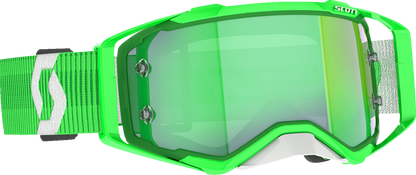 Scott Prospect motocross goggles with green and white frame and green chrome lenses, designed for off-road riding.