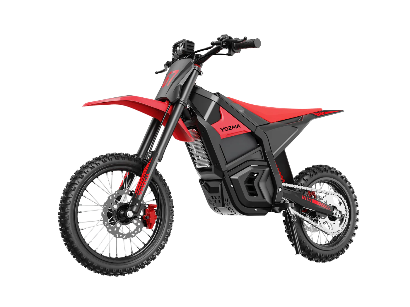 Yozma IN 10 electric mini dirt bike with 2600W motor, black and green design, ready for off-road riding.
