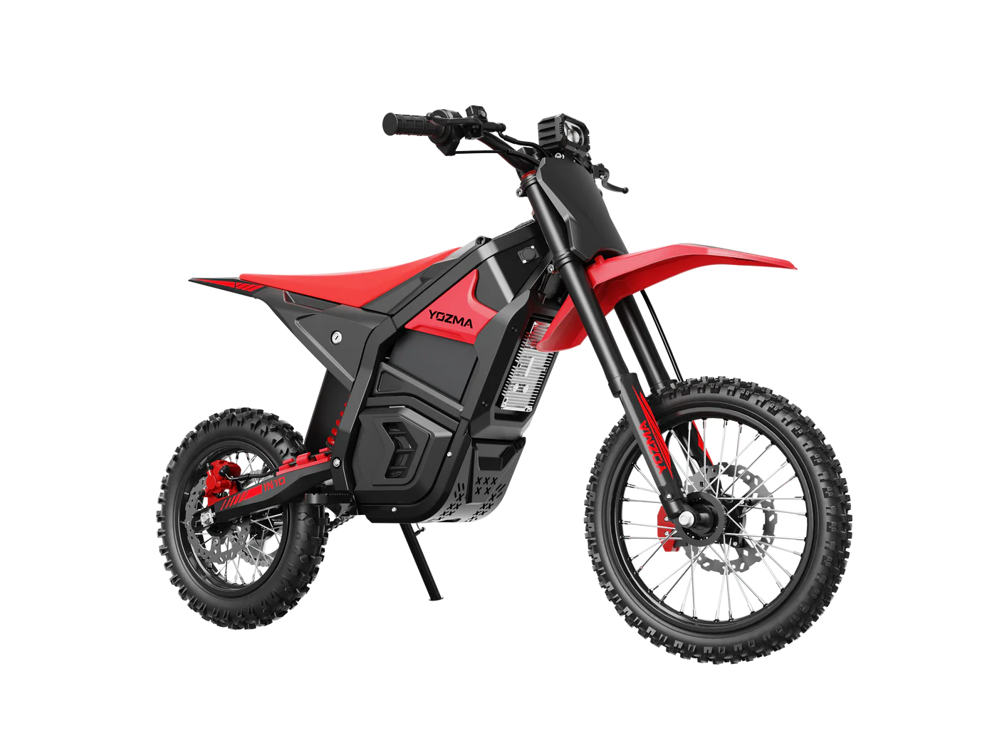 Yozma IN 10 electric mini dirt bike for kids, 2600W E-moto with black frame, knobby tires, and handlebar controls in action.