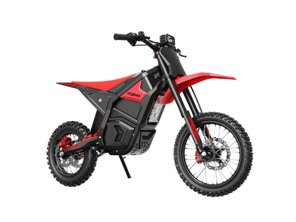 Yozma IN 10 electric mini dirt bike for kids, 2600W E-moto with black frame, knobby tires, and handlebar controls in action.