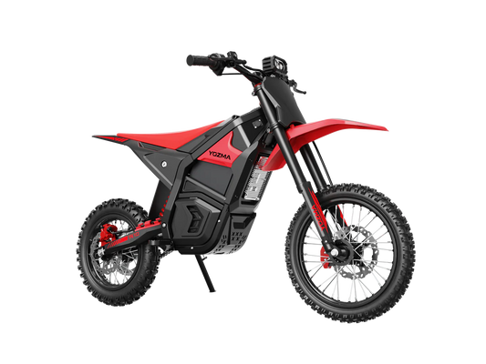 Yozma IN 10 electric mini dirt bike for kids, 2600W E-moto with black frame, knobby tires, and handlebar controls in action.