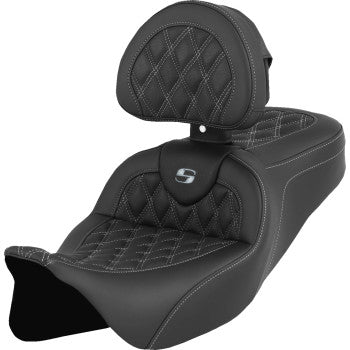 Silver Stitch SADDLEMEN Roadsofa™ motorcycle seat with backrest, designed for FL models 2008-2023, by Bill's Exhausts.