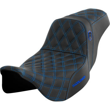 SADDLEMEN Pro Series SDC performance motorcycle seat with blue stitching for FLH/FLT models 2008-2023, without backrest.