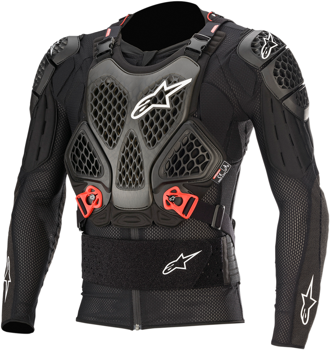 Alpinestars Bionic Tech v2 motorcycle jacket in black and red, medium size, with protective armor and sporty design.
