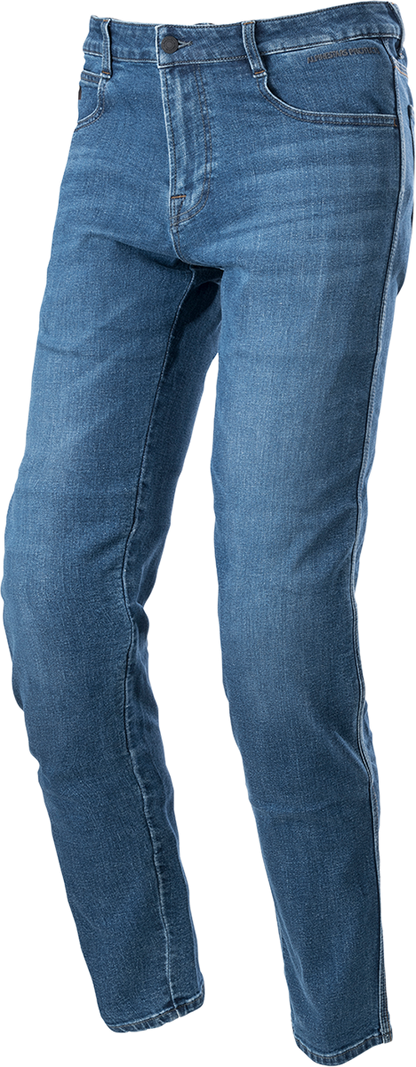 Blue Alpinestars Radon motorcycle pants with reinforced knees, size US 30 / EU 46, designed for riding comfort and protection.