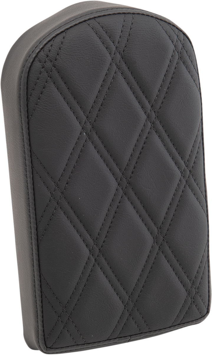 Black Double Diamond Sissy Bar Pad for Drag Specialties Seats, tall design, motorcycle seat accessory with stylish diamond pattern.
