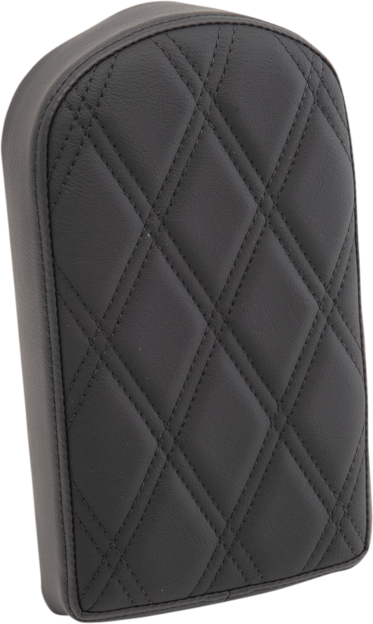 Black Double Diamond Sissy Bar Pad for Drag Specialties Seats, tall design, motorcycle seat accessory with stylish diamond pattern.