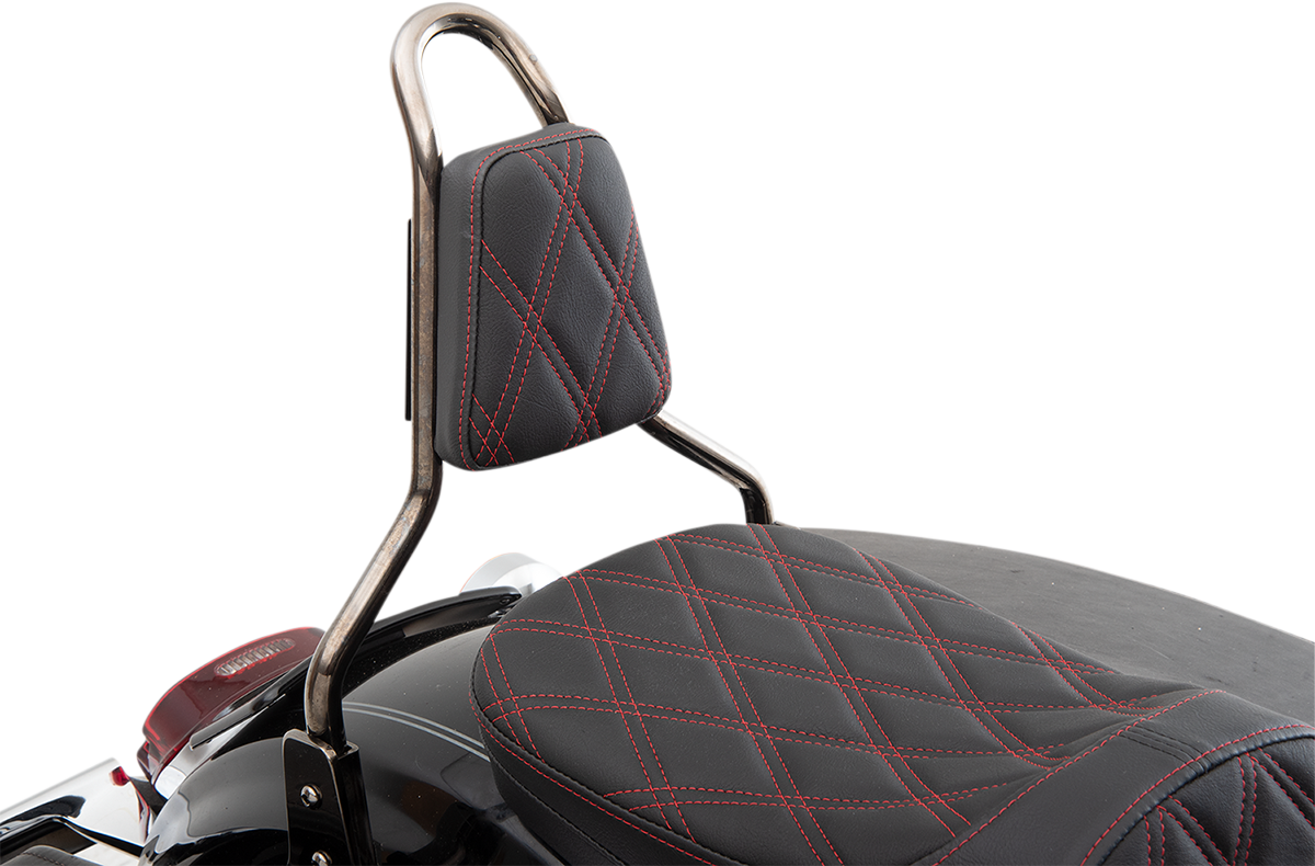 Drag Specialties Seats tapered backrest pad with double diamond red stitching, designed for motorcycle seats.