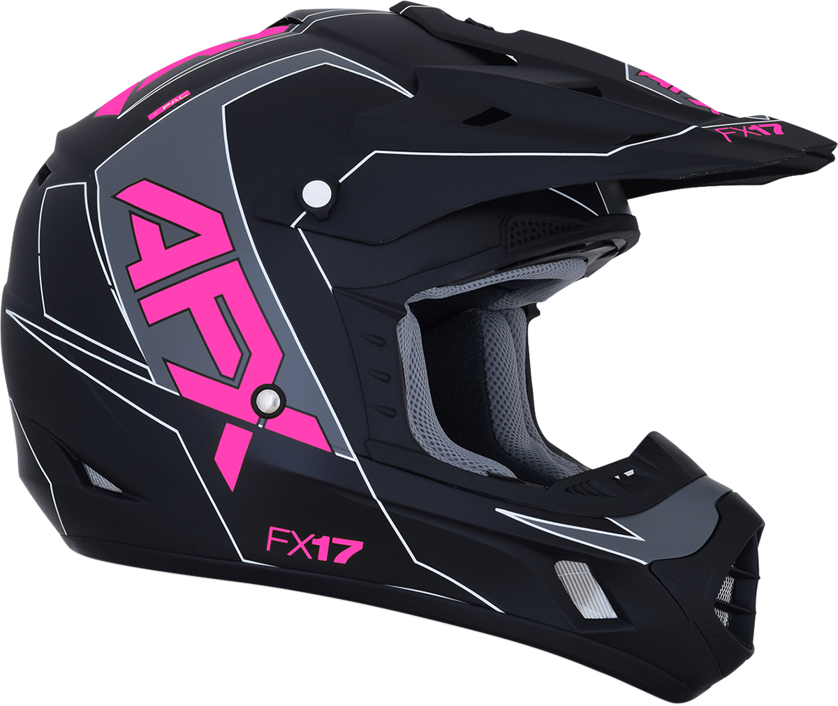 AFX FX-17 helmet in matte black and pink, size XL, with aerodynamic design and bold graphics, by Bill's Exhausts.