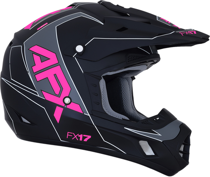 AFX FX-17 helmet in matte black and pink, size XL, with aerodynamic design and bold graphics, by Bill's Exhausts.
