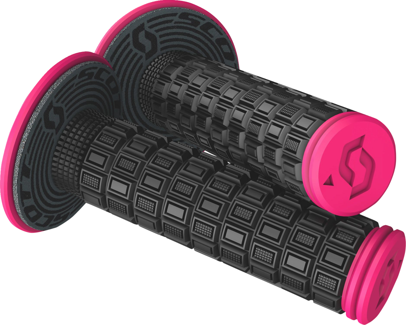 Scott Mellow black and pink motorcycle grips by Bill's Exhausts, featuring ergonomic design and textured rubber for secure handling.