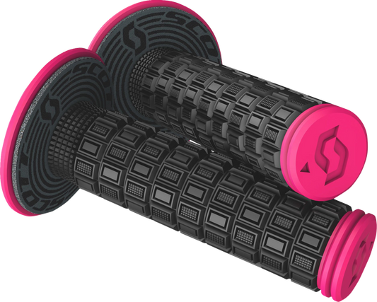 Scott Mellow black and pink motorcycle grips by Bill's Exhausts, featuring ergonomic design and textured rubber for secure handling.