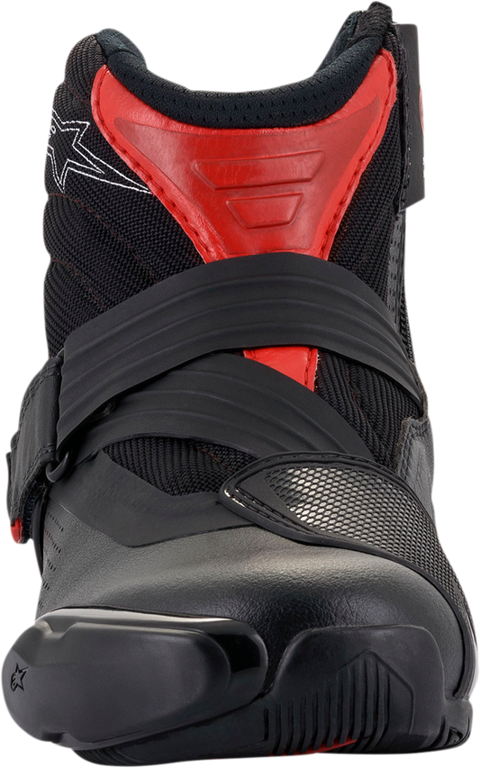 Black and red Alpinestars SMX1-R V2 motorcycle boots, US 6.5 / EU 40, featuring protective design and sporty style.