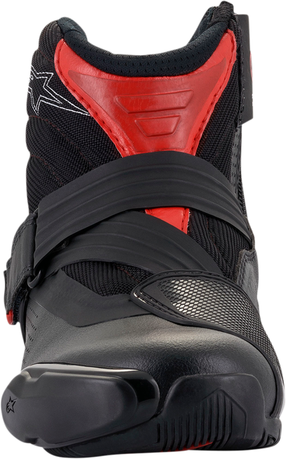Alpinestars SMX1-R V2 motorcycle racing boots in black and red, US size 6, EU 39, featuring protective design and sturdy construction.
