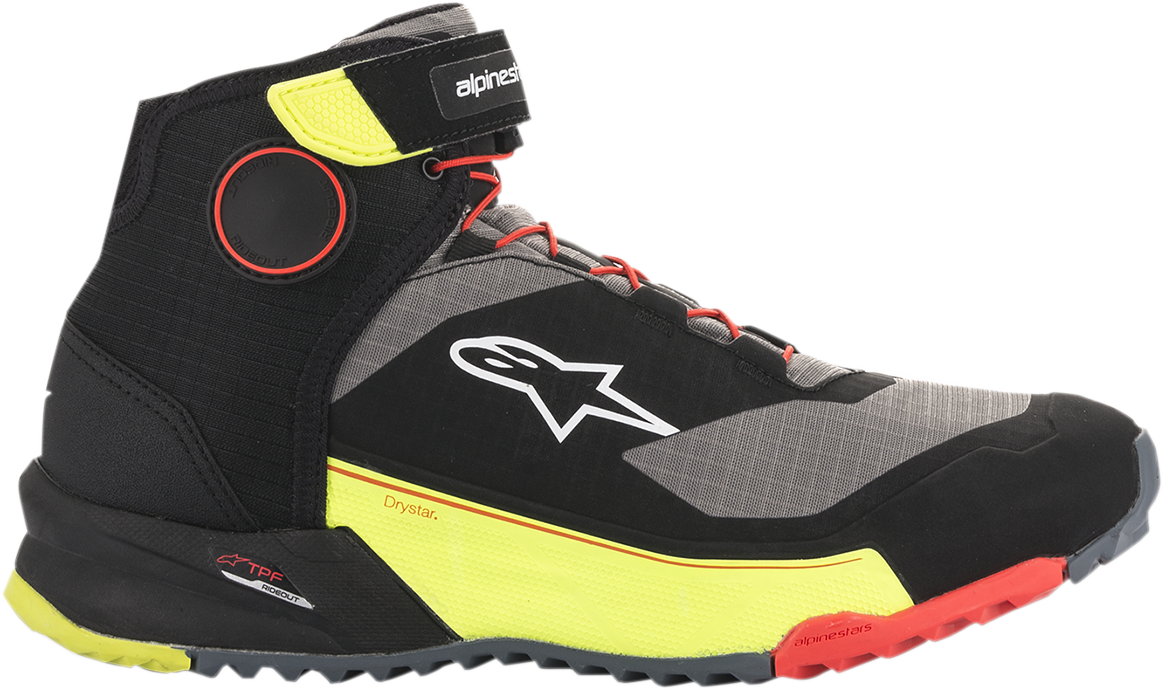 Alpinestars CR-X Drystar® motorcycle shoes in black, red, and yellow fluorescent with protective design, US size 12.