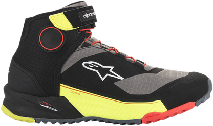 Alpinestars CR-X Drystar® motorcycle shoes in black, red, and yellow fluorescent with protective design, US size 12.