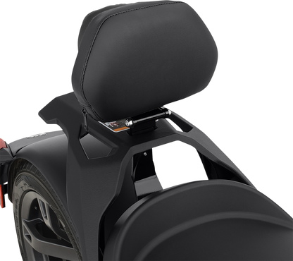 Black SHOW CHROME quick-detach backrest for Ryker 2019-2021 engine, designed by Bill's Exhausts, shown in the image.