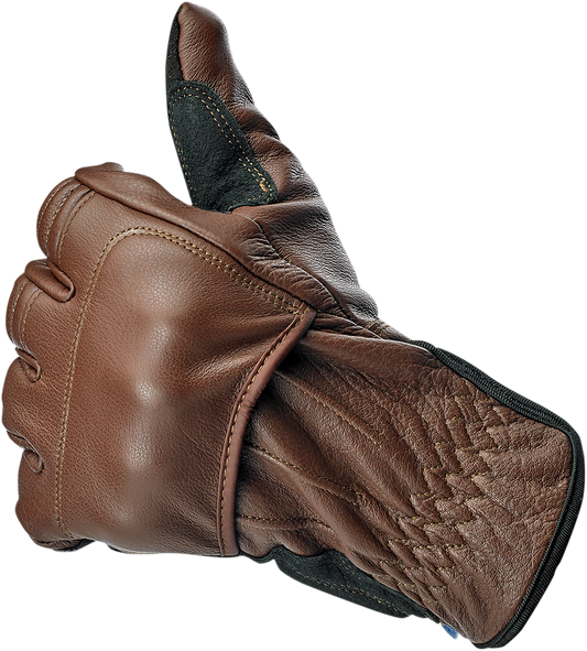 Bill's Exhausts BILTWELL Belden Gloves in chocolate and black, XS size, showing the textured leather with stitching details.