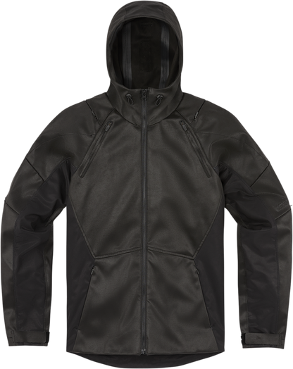 Black ICON Synthhawk jacket in 4XL by Bill's Exhausts, shown with front view, highlighting lightweight design and zipper details.