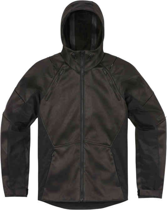 Black ICON Synthhawk jacket in 4XL by Bill's Exhausts, shown with front view, highlighting lightweight design and zipper details.