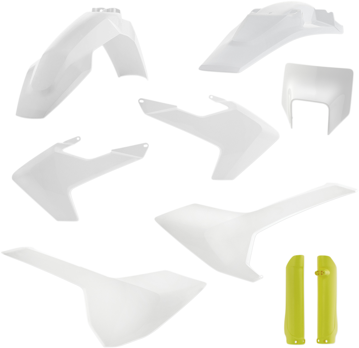 Acerbis full replacement body kit in white and yellow for OEM '19 motorcycle, featuring sleek body panels and detailed design.