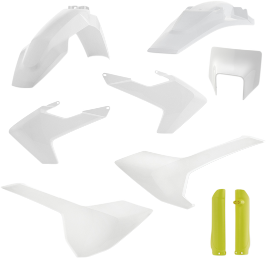 Acerbis full replacement body kit in white and yellow for OEM '19 motorcycle, featuring sleek body panels and detailed design.