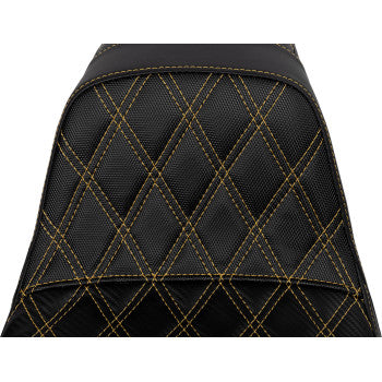 Bill's Exhausts SADDLEMEN Pro Series SDC carbon fiber motorcycle seat with lumbar gripper and gold stitching for Dyna '06-'17.
