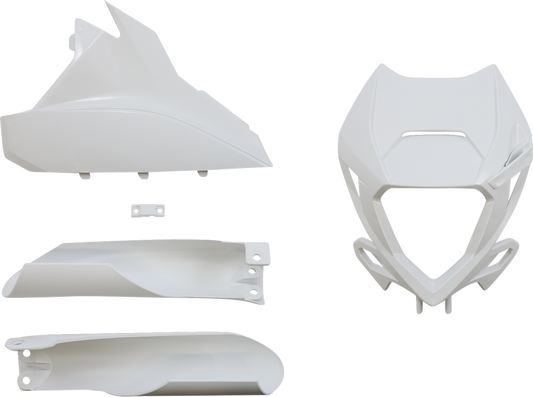 A white Acerbis full replacement body kit for motorcycles, featuring sleek panels and contours, on a plain background.