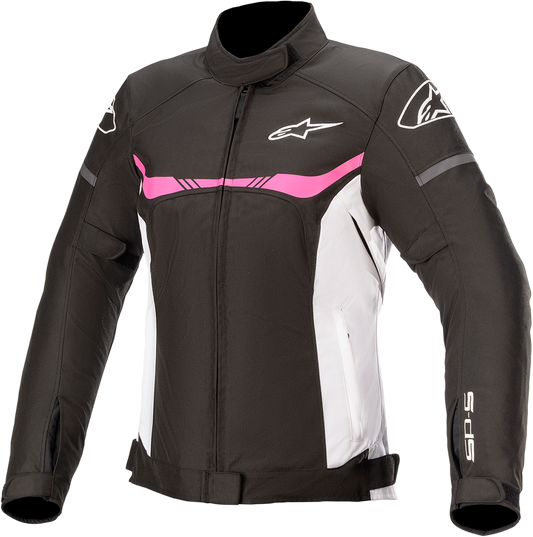Black and white Astars Stella T-SPS motorcycle jacket with protective padding, large size, featuring sporty design and branding details.