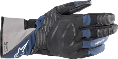 Alpinestars Andes V3 Drystar® gloves in black and dark blue, XL size, showing reinforced palms and adjustable wrist straps.