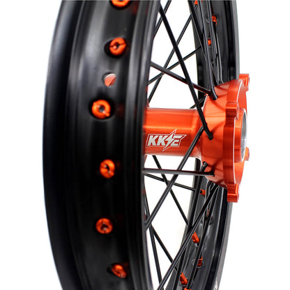 KKE 19"×1.6/16"×1.85 Spoke Kid's Big Wheels Rims Fit KTM SX 85 2003-2020 Orange Nipples & Black Spokes - Howling Moto