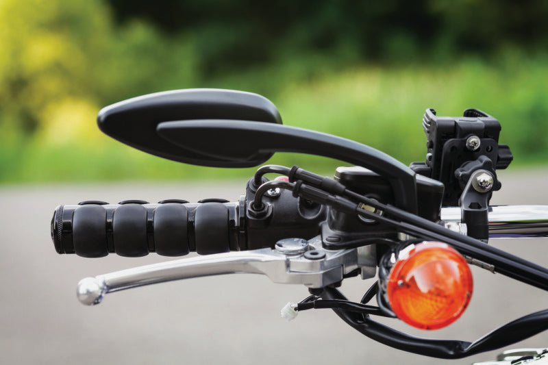 Kuryakyn Teardrop Mirrors in satin black with convex glass for enhanced rear visibility on motorcycle handlebars.